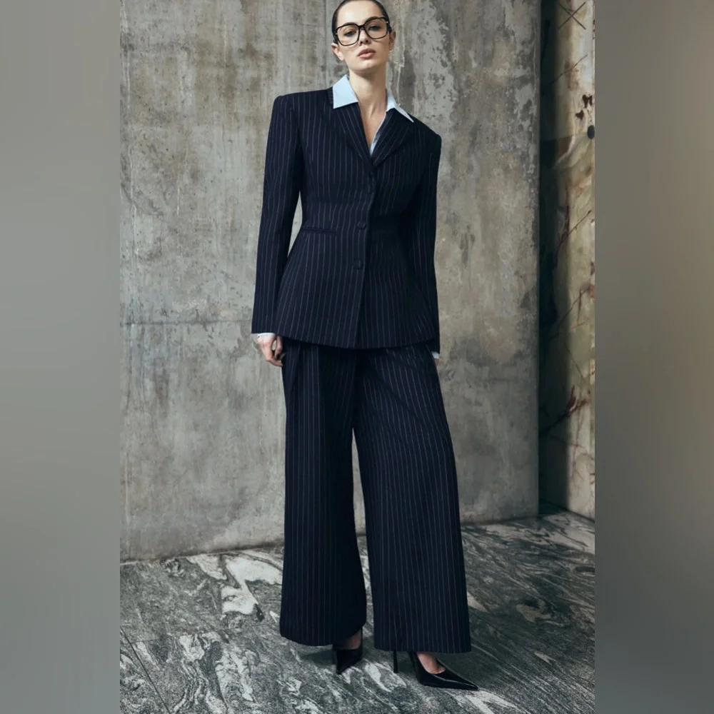 NWT Meshki “Jacqueline” Navy Pinstripe Wide-Leg Pants - Picture 6 of 16